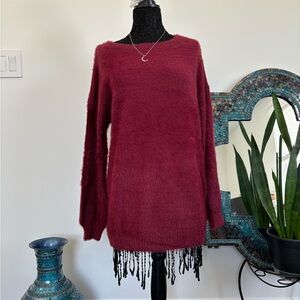 Women's Furry Pullover Sweater Dress Loose Oversized Knitted Top - Red Berry